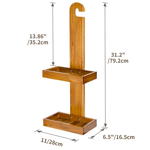 Teak Hanging Shower Caddy with Hooks - Over Head Bathroom Organizer