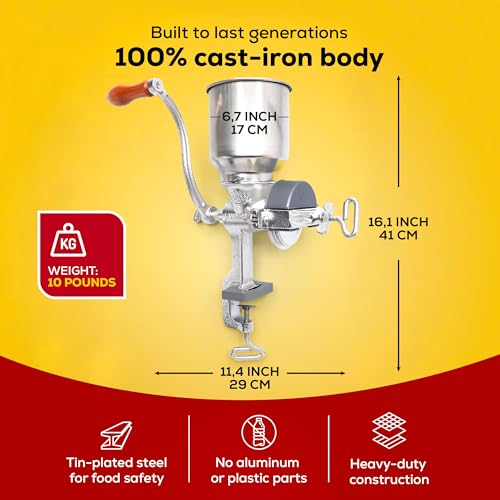 Corona Manual Grain Mill - Cast Iron Grinder for Corn, Wheat, Spices