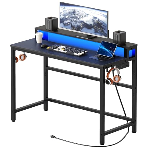 Black Gaming Desk with Charging Station LED Lights Monitor Stand 2-Tier Home Office