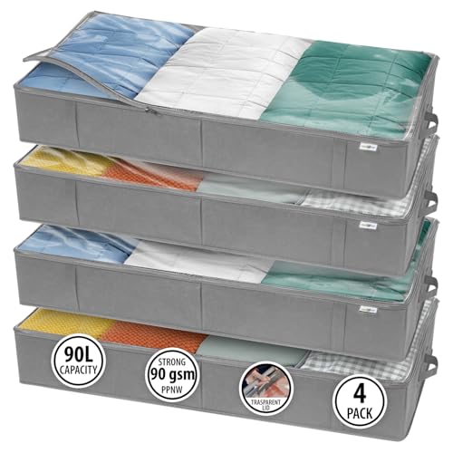 Grey Under Bed Storage Containers 4 Pack - Large Closet Organizer Bins