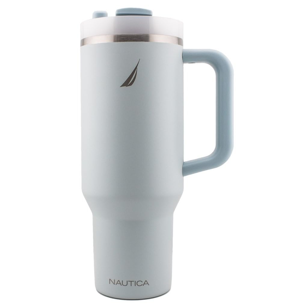 Nautica 40 oz Large Insulated Tumbler with Handle & Straw with screw on cap, Reusable Water Bottle Stainless Steel Travel Mug for Hot Cold or Iced Drink, BPA-Free, Fits Car Cup Holders (Light Blue)