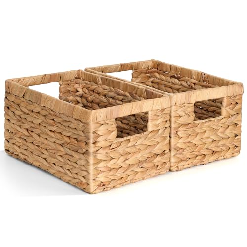 Set of 2 Water Hyacinth Wicker Storage Baskets with Handles - Natural Organizers for Shelves & Home