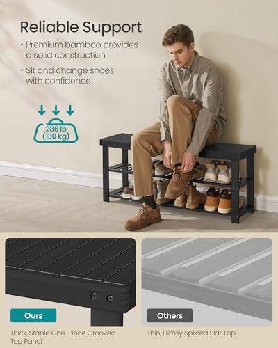 Shoe Rack Bench 3-Tier Bamboo Entryway Storage, 42.9W In Black