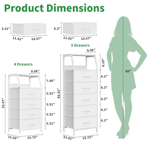 White Fabric Dresser with 4 Drawers - Tall Bedroom Storage Nightstand, 11.5 x 16.1 x 33.3 Inches
