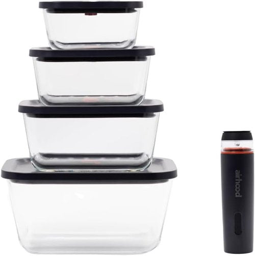 Airhood Vacuum Food Storage Container Set - Electric Pump + 4 Borosilicate Glass Containers | Keeps Food Fresh 5X Longer | BPA-Free & Stackable
