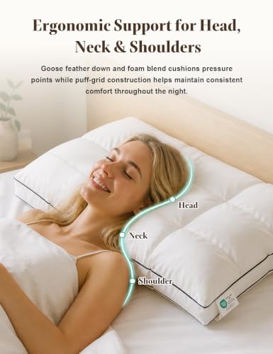 Queen Size Dual-Layer Goose Feather Down Pillow - White, Supportive & Soft
