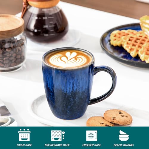Blue Ceramic Coffee Mug Set of 6 - 16 Oz Tea Cups with Handle, Microwave & Dishwasher Safe