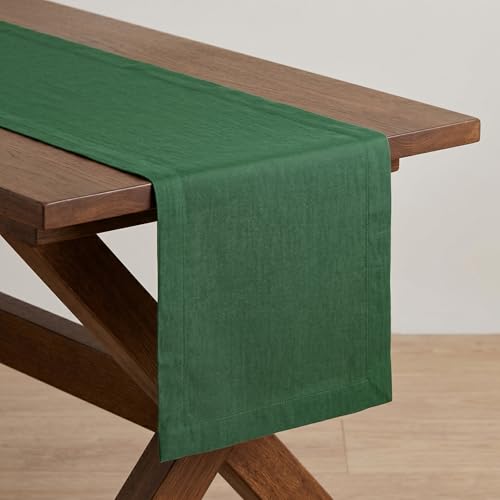 Solino Home 100% Linen Table Runner 14 x 120 Inches Pine Green - Handmade European Flax