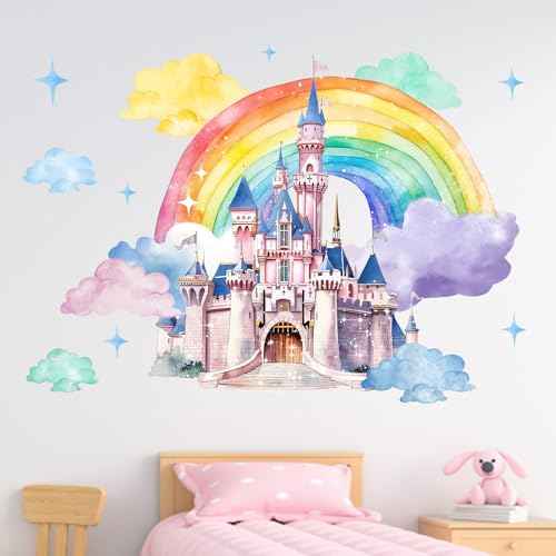 Yovkky Fairy Tale Rainbow Castle Wall Decals Stickers, Watercolor Cloud Stars Princess Toddler Baby Nursery Decor, Dreamy Home Decorations Girls Kids Bedroom Playroom Art