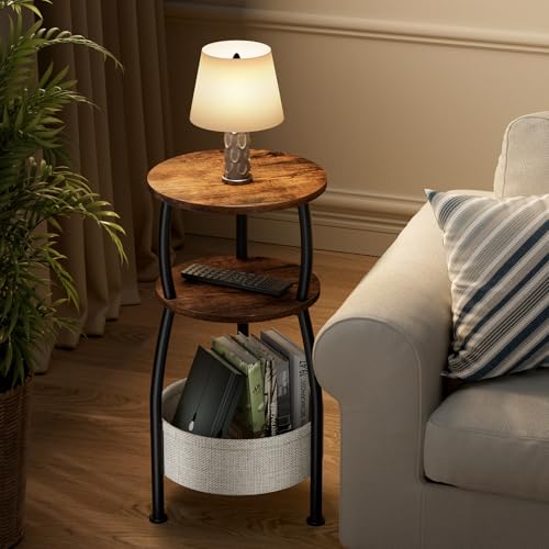 Yuede Rustic Brown 11.81in Round Side Table with Storage Basket - Small Space Organizer