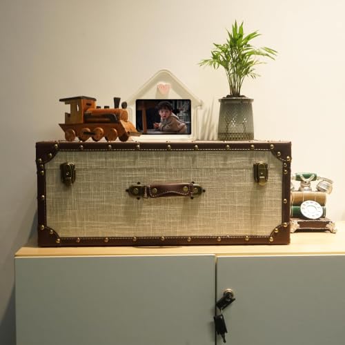 Large Decorative Wooden Storage Chest with Linen Fabric Cover - White Linen
