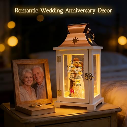 Anniversary Lantern Gift for Couples and Parents - Romantic LED Candle, 12.6x6.3 Inches, Rose Gold & Wood