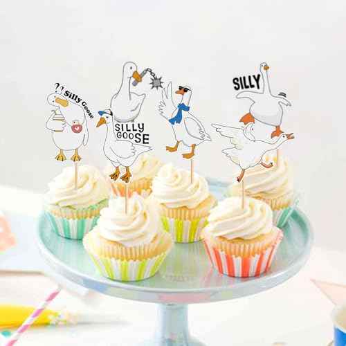 24PCS Silly Goose Cupcake Toppers Birthday White Goose Baby Shower Theme Kids Baby Boy Girl Decorations Party Supplies for Baby Boy Girl Cake Decorations Birthday Party Supplies