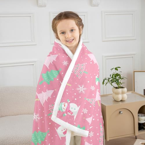 jejeloiu Pink Christmas Sherpa Blanket Baby 30"x40" Snowman Fleece Throw Blanket for Kids Boys Girls Xmas Snowflake Winter Plush Blanket New Year Decor