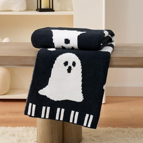 Halloween Ghost Throw Blanket - Black & White 50x60 Inch Chenille Cozy Sofa Decor