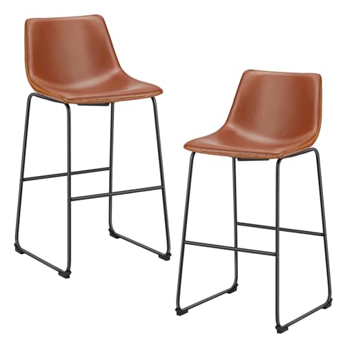 Counter Height Bar Stools Set of 2 - Brown Faux Leather with Metal Legs