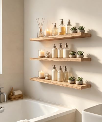 HXSWY 24 Inch Rustic Farmhouse Floating Wall Shelves Set of 4 Light Brown - Solid Wood