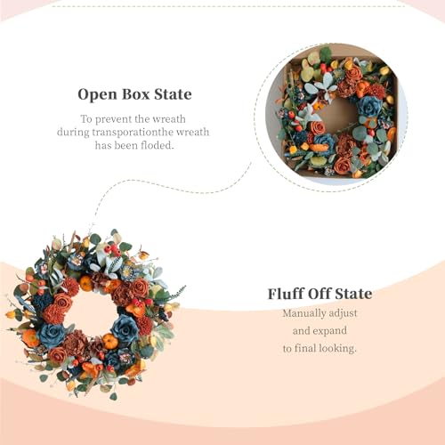 Fall Wreath Handmade Autumn Front Door Decor - Blue, Orange Hydrangeas & Pumpkins - Wreath Variation