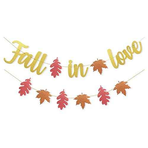 Uniwish Pre-Strung Fall in Love Banner Gold Glittery Garland Thanksgiving Fall Autumn Theme Wedding Bridal Shower Engagement Party Decorations