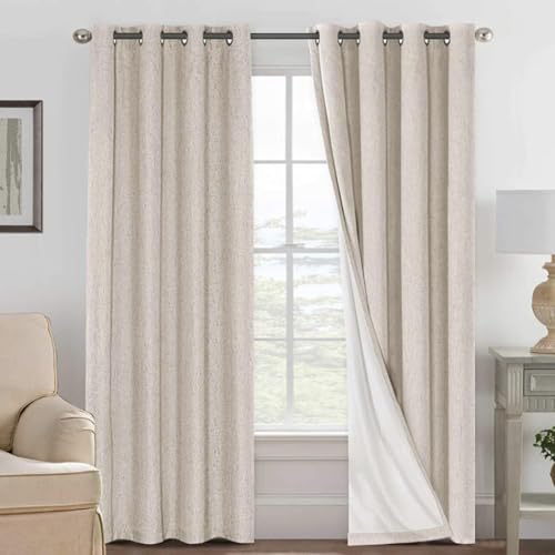 Natural 52x90 Inch Blackout Linen Curtains - Pack of 2, 100% Light Blocking, Noise Reducing Window Drapes