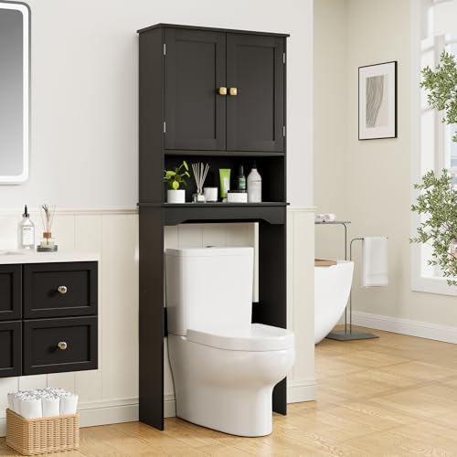 Over The Toilet Storage Cabinet - Black Bathroom Organizer with Adjustable Shelf - 24.8"L