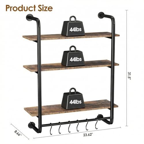 3 Tier Industrial Pipe Floating Shelf, 24" Kitchen Wall Shelves