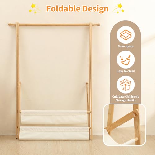 Kids Clothing Rack with Shelves and Hang Rod - Foldable Baby Wardrobe, Natural Bamboo