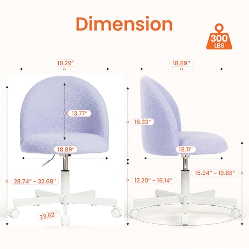Neo Chair Purple Vanity Chair with Wheels, Adjustable & Swivel, Armless
