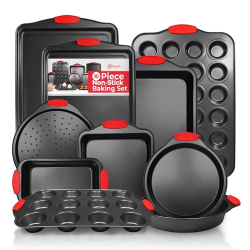 10 Piece Non-Stick Bakeware Set with Silicone Handles - Carbon Steel Oven Safe