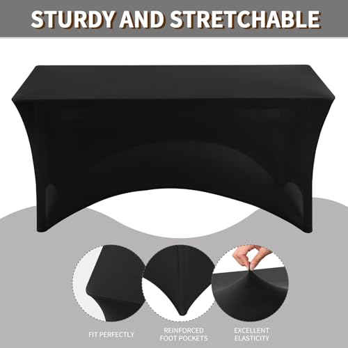 Fixwal 8FT Black Fitted Spandex Tablecloth - 6 Pack, Rectangular, Stretchy and Wrinkle-Resistant