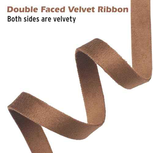 Brown Velvet Ribbon 3/8 Inch, Velvet Christmas Ribbon Double Faced, 15 Yd Vintage Taupe Skinny Velvet Ribbon for Christmas Tree, Gift Wrapping, Wreaths, Floral Bouquets, Hair Ties, Handmade Crafts