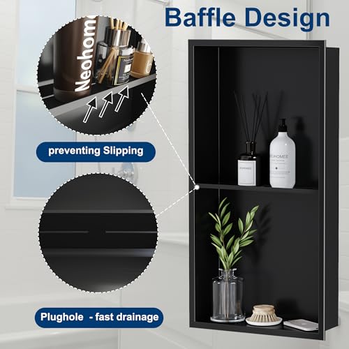 Neodrain 12x24-In Matte Black Stainless Steel Shower Niche - 2-Tier Recessed Wall Storage