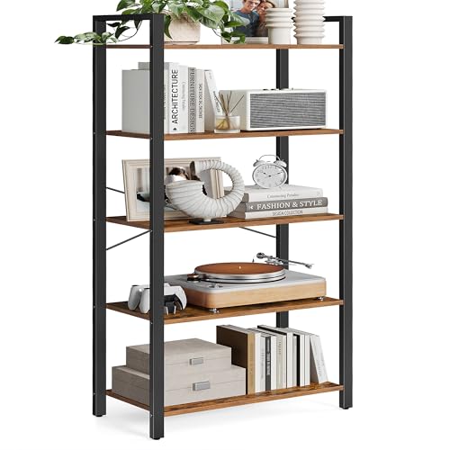 VASAGLE Rustic Brown & Ink Black 5-Tier Bookshelf - Without Back Panels, 11.8"D x 26"W, Industrial Style