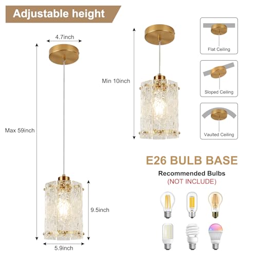 Modern Gold Water Ripple Glass Pendant Lights for Kitchen Island & Dining Room - 2 Pack