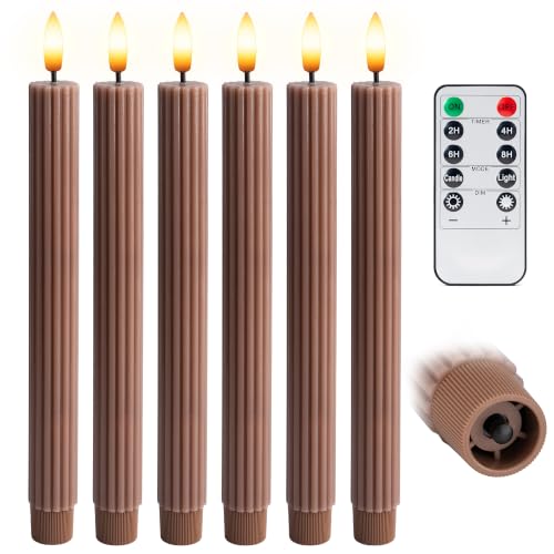 Brown Tan 6 Pack 10-Inch Flameless LED Candles Remote Timer Dimmable Safe Decor