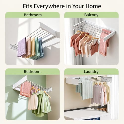80CM Wall Mounted Clothes Drying Rack Foldable 60 lb Laundry Room Storage