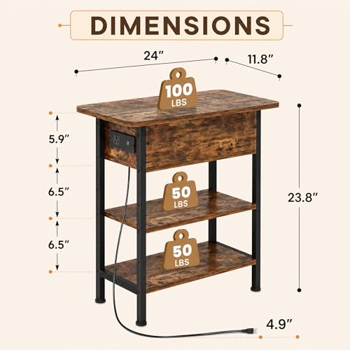 GRUSIGN Rustic Brown End Table with Charging Station, Flip Top Drawer & Storage