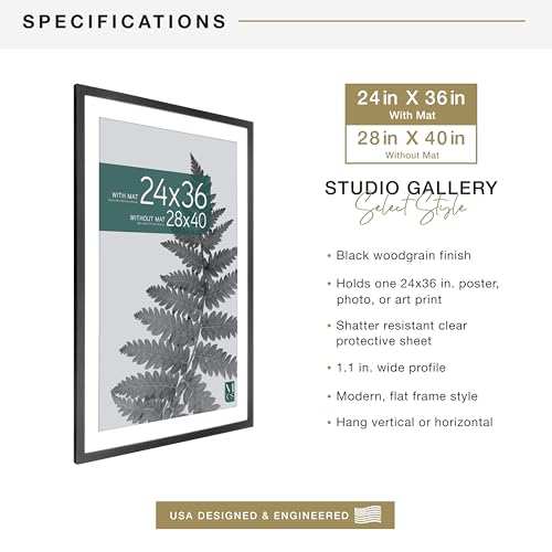 MCS Studio Gallery Poster Frame 28x40 with Mat, Black Woodgrain - 24x36 Display