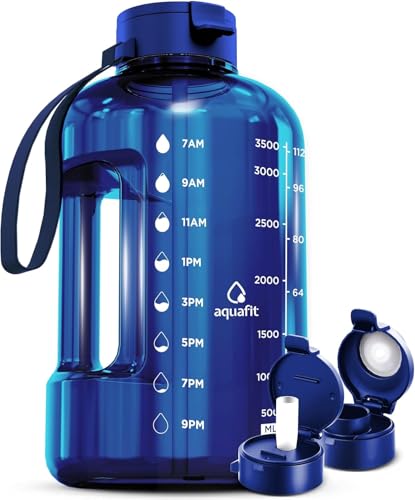 AQUAFIT 1 Gallon Water Bottle with Time Marker, 128oz Leakproof with 2 Lids (Blue)