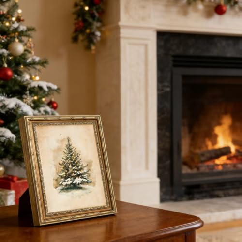 Framed Vintage Christmas Tree Canvas Wall Art 16" x 12" - Farmhouse Rustic Snowy Pine