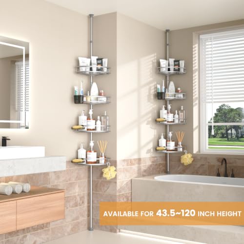 Foukus Chrome Adjustable Tension Pole Shower Caddy - Rustproof Corner Bathroom Organizer