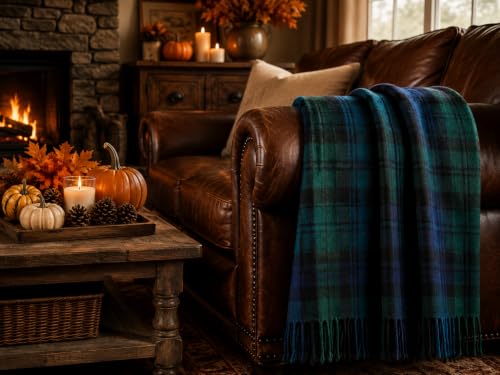 Briomhar Black Watch Tartan Wool Throw Blanket - 60x72 inches with Fringe
