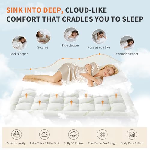 Sweetcrispy Full Size Cooling Bamboo Mattress Topper with Deep Pockets - White & Green