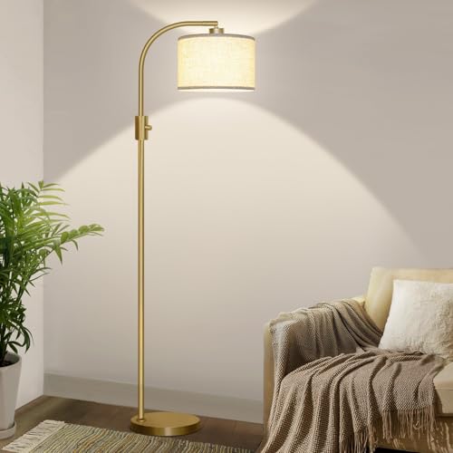 Modern Arc Floor Lamp with Dimmable Linen Shade - Gold, 1200 Lumens, LED Bulb Included