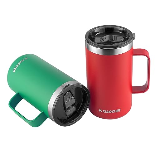 KXIAOCHEN 2-Pack 20 oz Insulated Coffee Mugs with Wide Handles - Red & Emerald