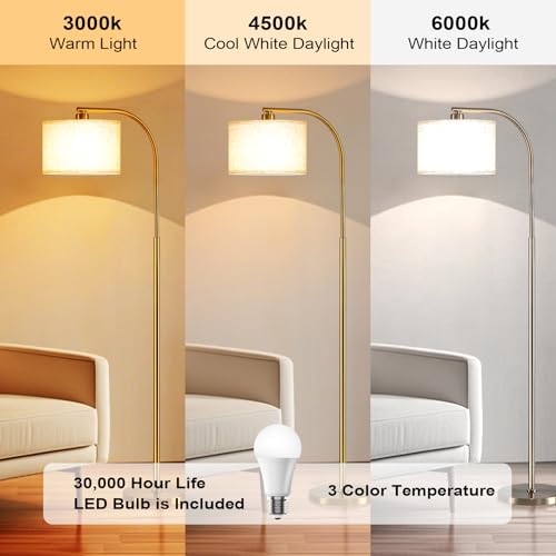 Gold Floor Lamp for Living Room & Bedroom - 65'' Modern Standing Lamp with Fabric Shade & 3-Color LED Bulb - Gold Linen Variation