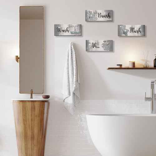 FENCORDAR 4 Pcs Silver Bathroom Decor Abstract Grey Black White Wall Decor Wooden Silver Bathroom Accessories Modern Funny Glitter Wall Art for Home Toilet Decoration 10x4 Inches