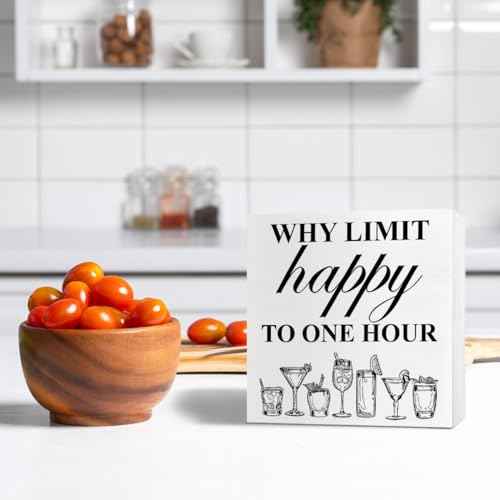 Bar Decor Wooden Box Sign, Home Kitchen Dining Room Drinking Bar Table Decor Cheers Bar Cart Cocktails Decoration, Bar Gifts for Women Men Couples, Limit Happy to One Hour