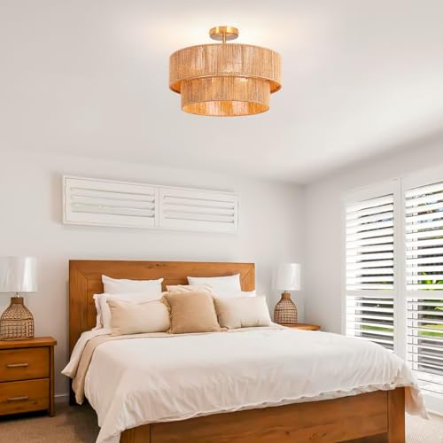 18-Inch Boho Rattan Semi-Flush Mount Ceiling Light Fixture - Handwoven Rustic Style