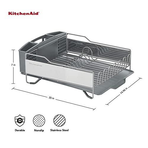 KitchenAid Large Capacity Full Size Rust-Resistant Dish Rack Grey - Angled Drainboard & Removable Flatware Caddy